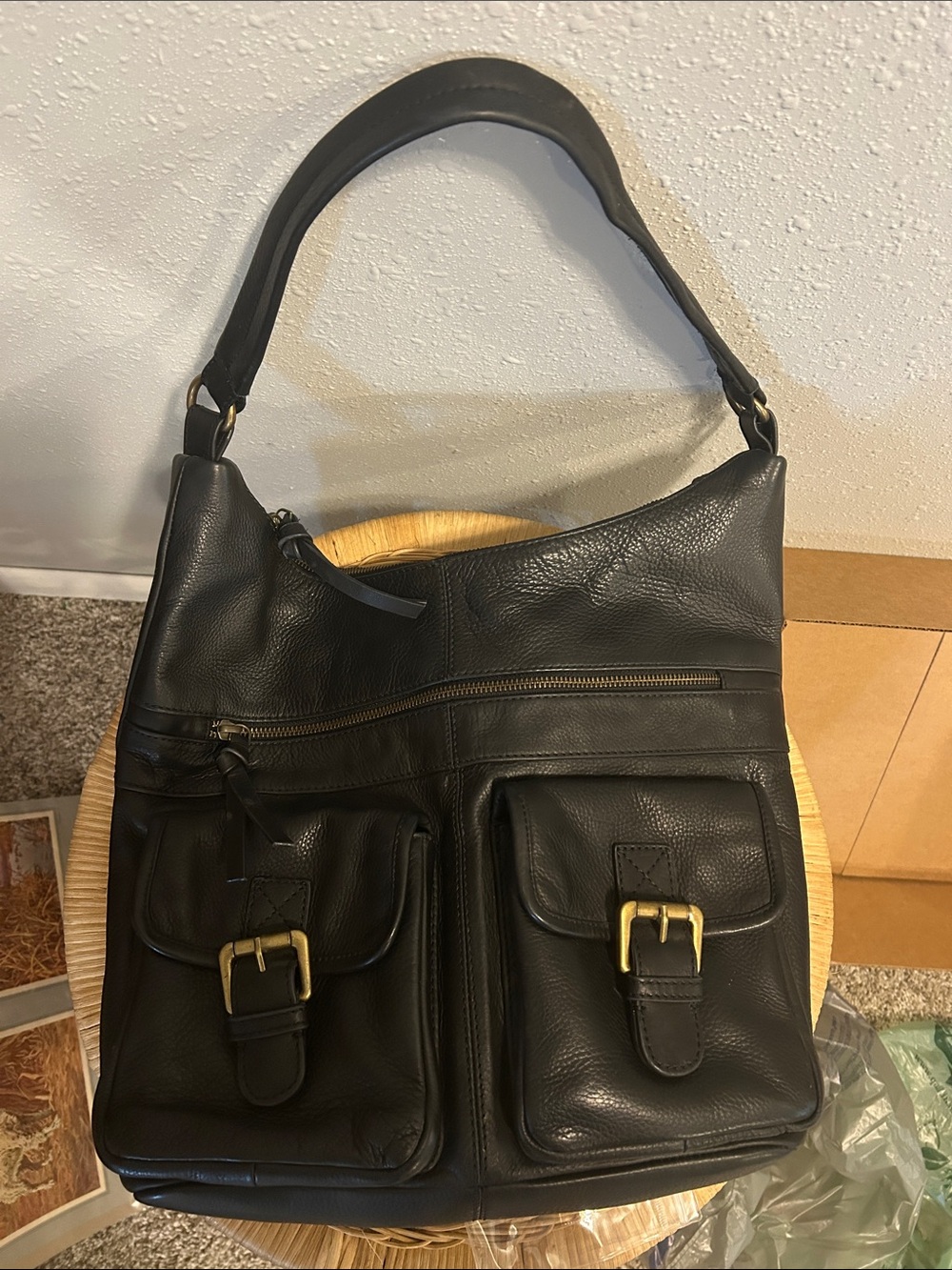 Fat Face Black Leather Hobo Shoulder Bag With Buckle Pockets